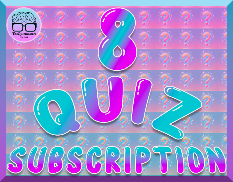A vibrant digital graphic displaying "8 Quiz Subscription" in playful, glossy bubble-style text with a mix of blue, purple, and pink colors. The background features a repeating pattern of glowing question marks on pastel stripes.