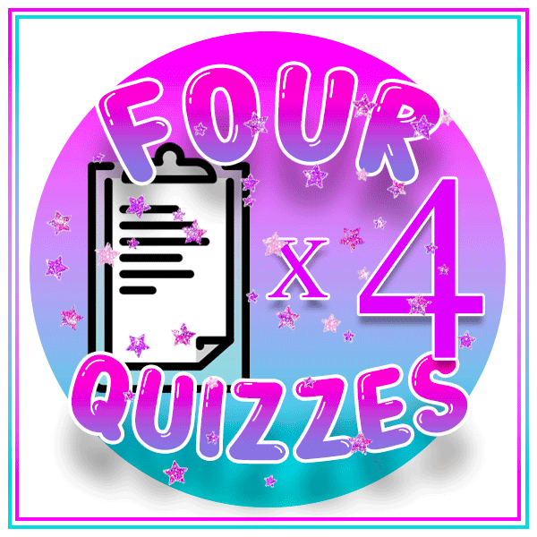 Gif displaying "FOUR QUIZZES" in playful, bold gradient letters. A black clipboard icon is positioned to the left of "x 4", set against a pink and blue circular background with scattered glittering stars.
