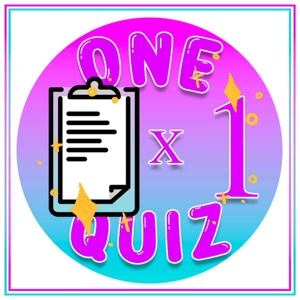 Gif featuring the text "ONE QUIZ" in bold, pink and purple gradient letters. A black clipboard icon sits next to "x 1", with golden sparkles floating around it on a glowing pink and blue background.