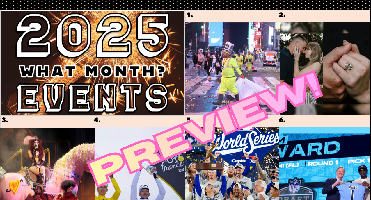 Collage of images with text and event previews for 2025, including sports and entertainment.