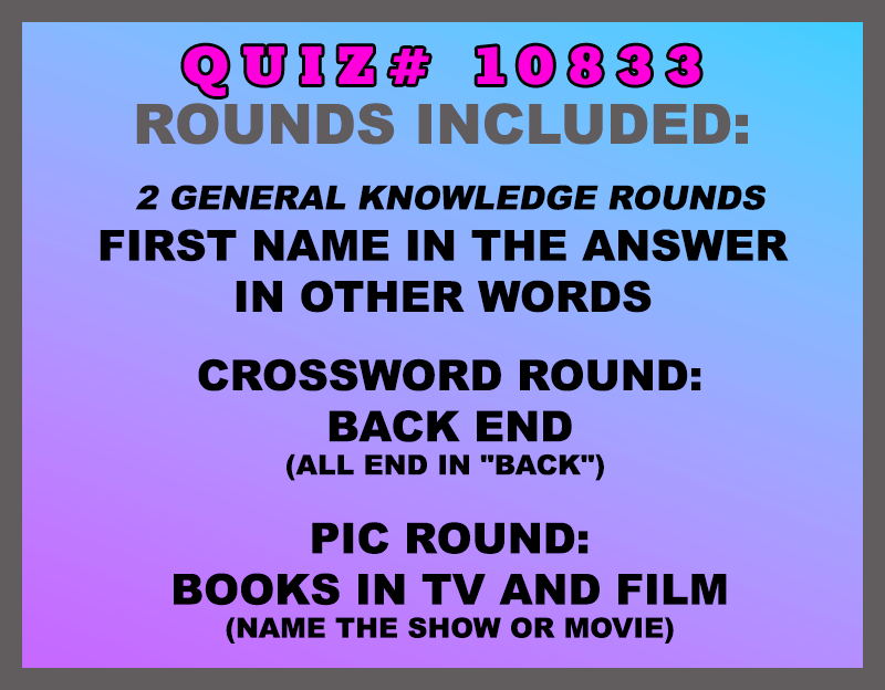Included in this packet:
First Name in the Answer
In Other Words
Crossword Round:
Back End (All end in "BACK")
Pic Round:
Books in TV and Film (Name the show or movie)
All past quizzes also include two General Knowledge rounds