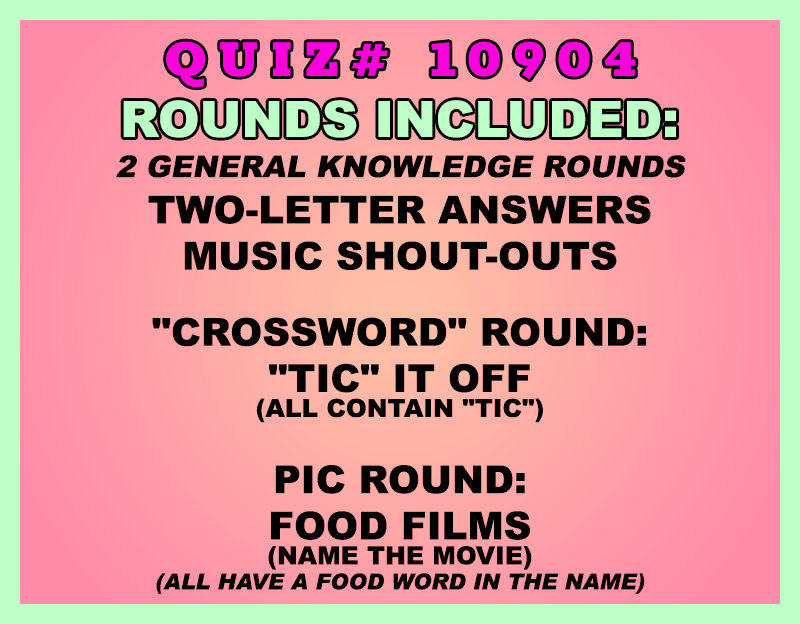 Promotional text for a quiz with various rounds on a pink and green gradient background