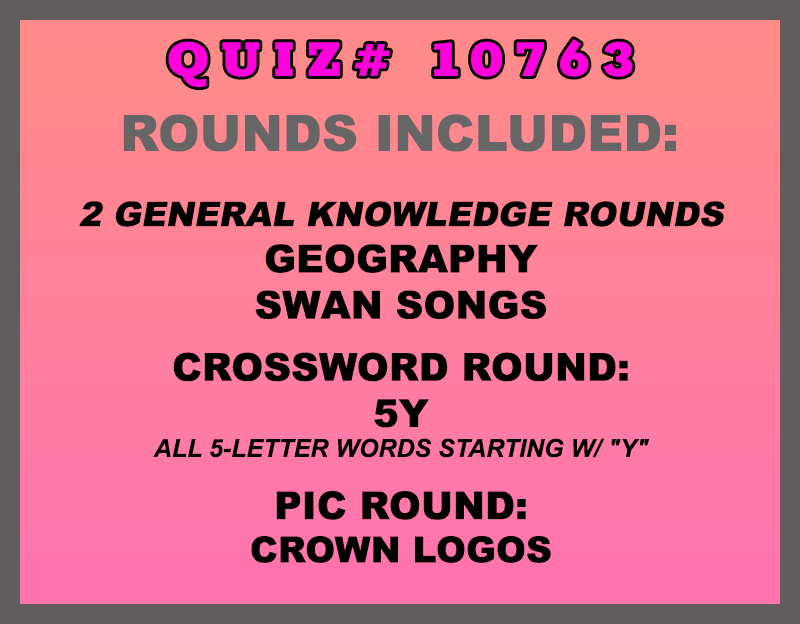 Categories included in June 26th trivia packet are: Geography, Swan Songs, 5Y (5-letter words starting w/ "Y") and Crown Logos