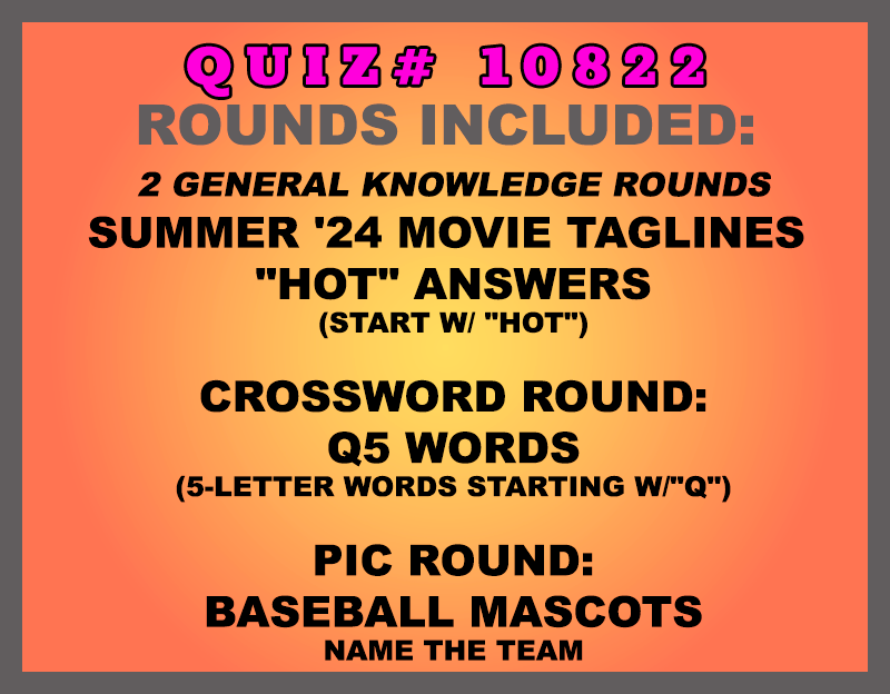 Included in this packet: Summer '24 Movie Taglines "Hot" Answers (start w/ "hot") Crossword Round: Q5 Words (5-letter words starting w/"Q") Pic Round: Baseball Mascots Name the team All past quizzes also include two General Knowledge rounds