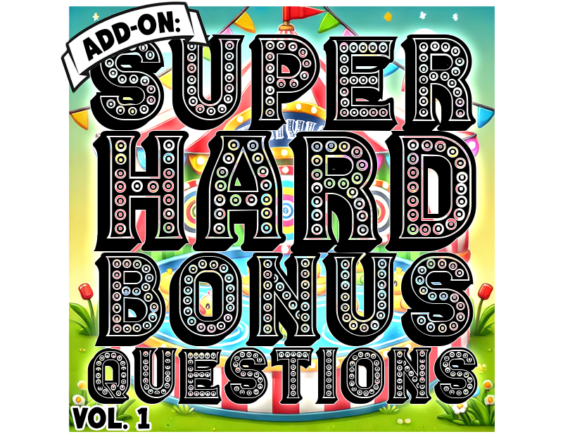 Promotional graphic for 'Super Hard Bonus Questions Vol. 1' with colorful background and text.