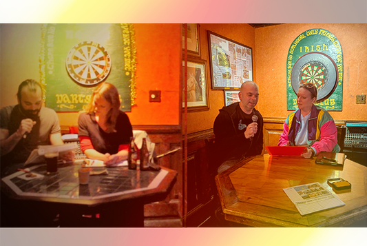 a side-by-side photo, from 2012 versus 2026, of the Quizmasters hosting trivia at the same bar