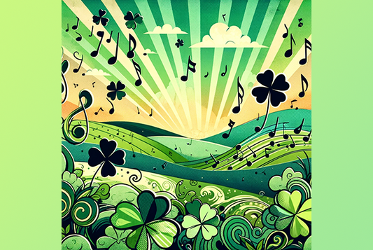 Saint Patrick's Day collage of music notes and shamrocks, clovers