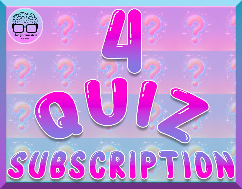 A colorful digital graphic featuring the text "4 Quiz Subscription" in bold, bubble-style letters with a gradient of pink and purple. The background consists of pastel stripes with repeating question marks and sparkles.