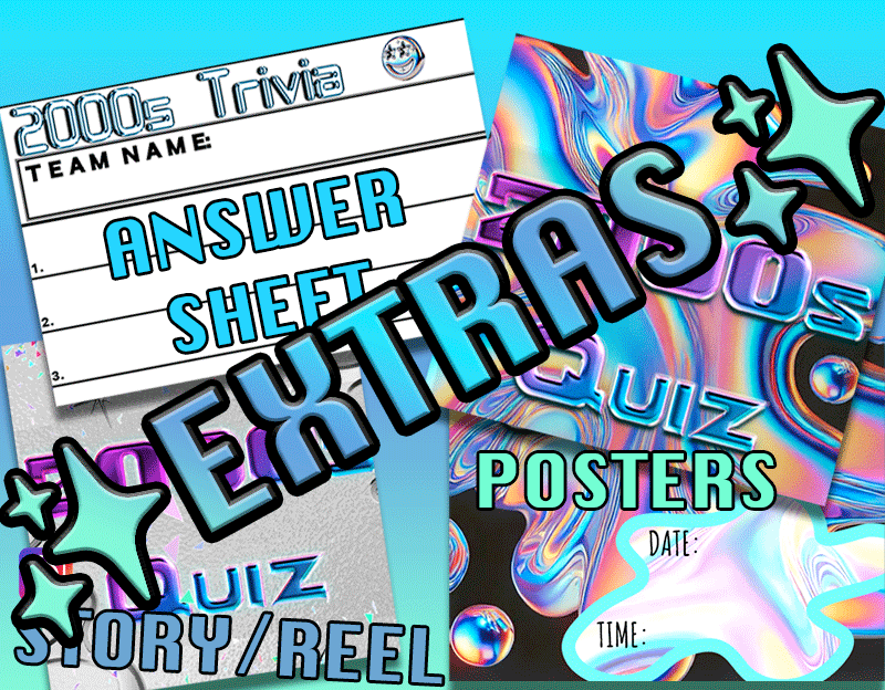 Gif collage of answer sheet, posters, and instagram story or reel included in the 2000s quiz