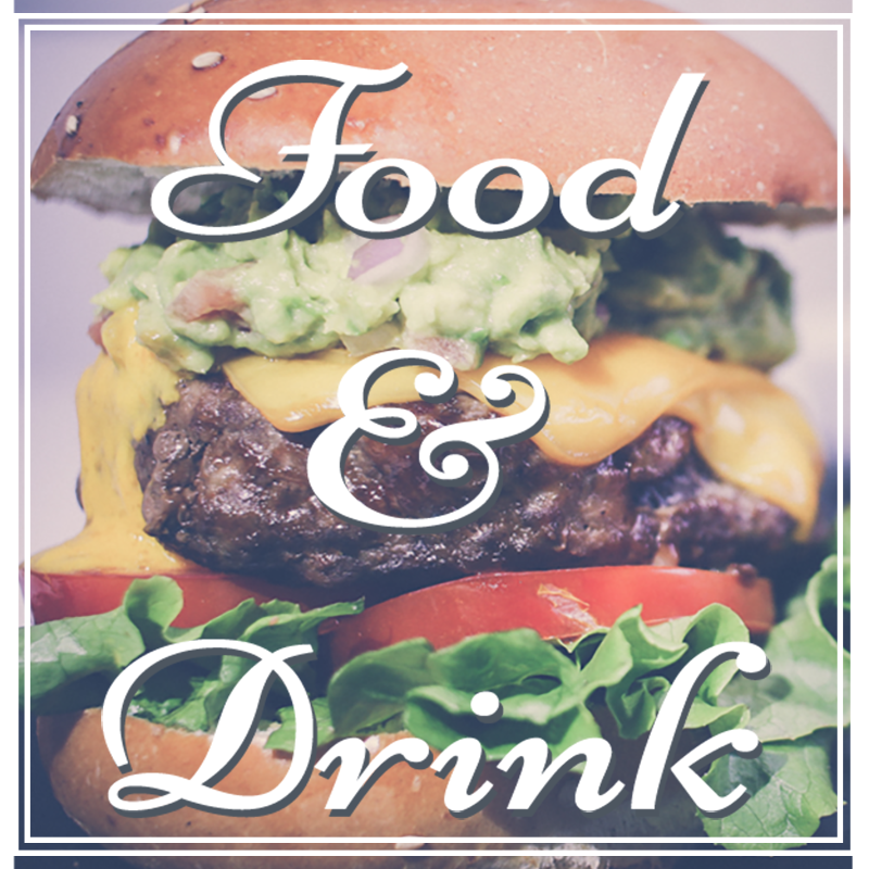 Hamburger with text overlay 'Food & Drink' on a white background