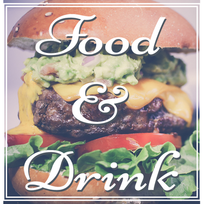 Hamburger with text overlay 'Food & Drink' on a white background
