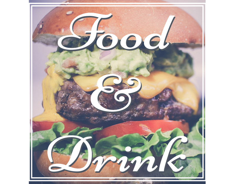 Hamburger with text overlay 'Food & Drink' on a white background
