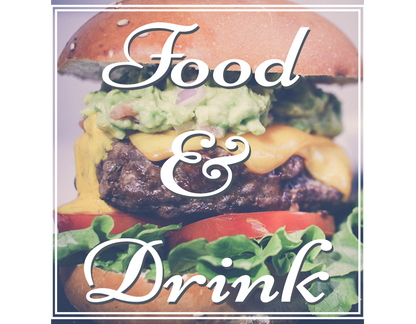 Hamburger with text overlay 'Food & Drink' on a white background
