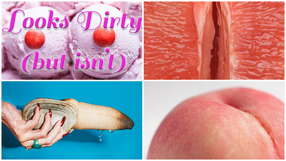 Collage of images from a trivia picture round with text 'Looks Dirty (but isn't)' and close-ups of innocent items that seem naughty.