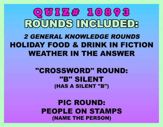 Promotional text for a quiz with various rounds on a colorful background