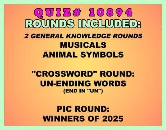 Promotional text for a quiz with various rounds on an orange and green background