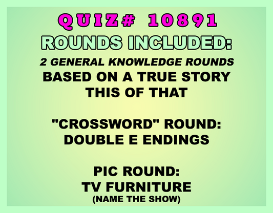 Promotional text for a quiz with rounds and categories on a green background