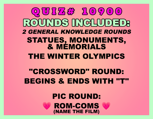 Promotional text for a quiz with various rounds on a pink and green gradient background