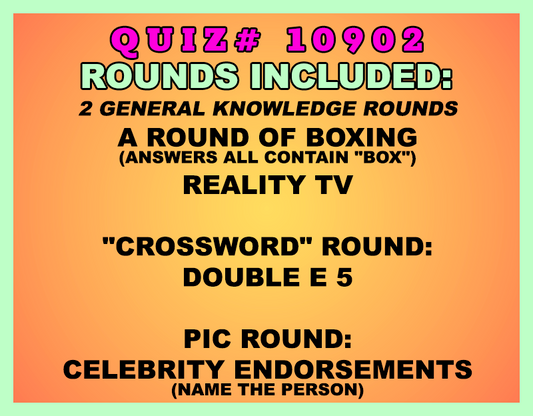 Promotional text for a quiz with various rounds on an orange and green background