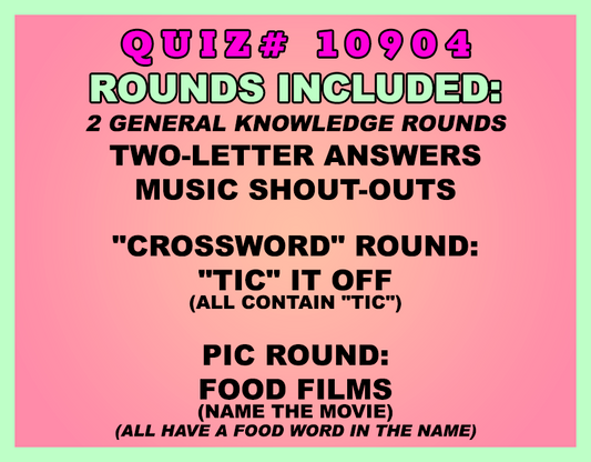 Promotional text for a quiz with various rounds on a pink and green gradient background