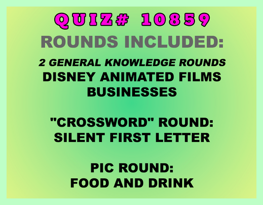 Included in this packet:
Disney Animated Films
Businesses
"Crossword" Round:
Silent First Letter
Pic Round:
Food and Drink
All past quizzes also include two General Knowledge rounds