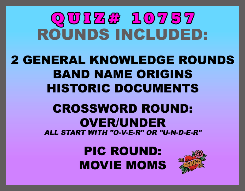 Past Quiz May 15, 2023 - categories included - mother's day, band names, historic documents