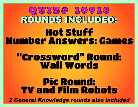 Promotional text for a quiz with various trivia categories listed on an orange gradient background
