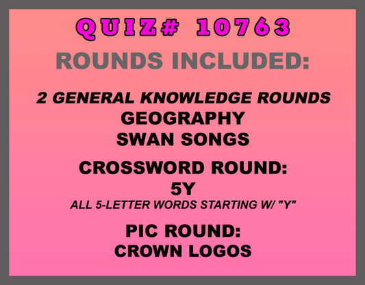 Categories included in June 26th trivia packet are: Geography, Swan Songs, 5Y (5-letter words starting w/ "Y") and Crown Logos 