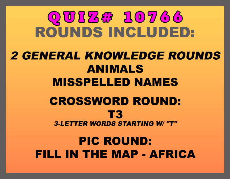 The categories in the trivia packet for July 17th are Animals, Misspelled Names, T3 (3-letter words starting with "T") and a geography pic round called "Fill in the Map - Africa"