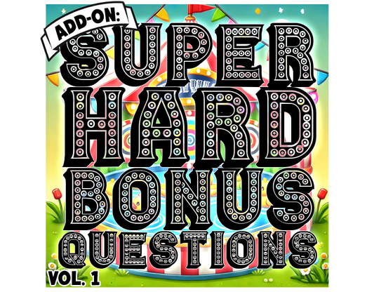 A colorful digital graphic featuring the text "ADD-ON: SUPER HARD BONUS QUESTIONS" in large, bold, black letters with a marquee-style dot pattern. The background showcases a whimsical carnival-like scene with a striped carousel, bright banners, green grass, and small flowers. The "ADD-ON:" label is placed on a curved white banner in the top left corner.
