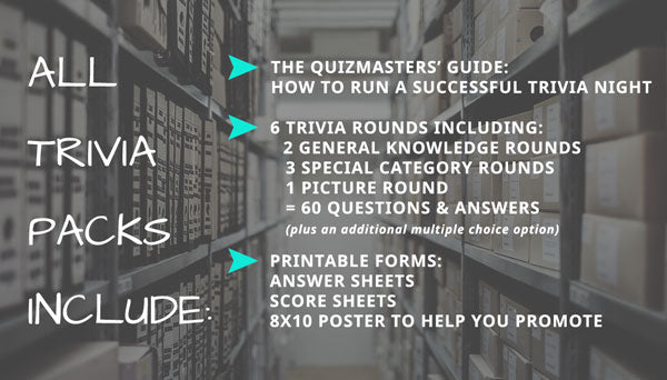 All trivia packets include 2 general knowledge rounds, 3 special categories, and a picture round.