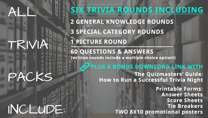 All trivia packets include 2 general knowledge rounds, 3 special categories, and a picture round.